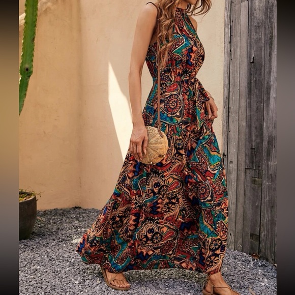 Boho print belted halter maxi dress PAST FEW - Picture 6 of 6